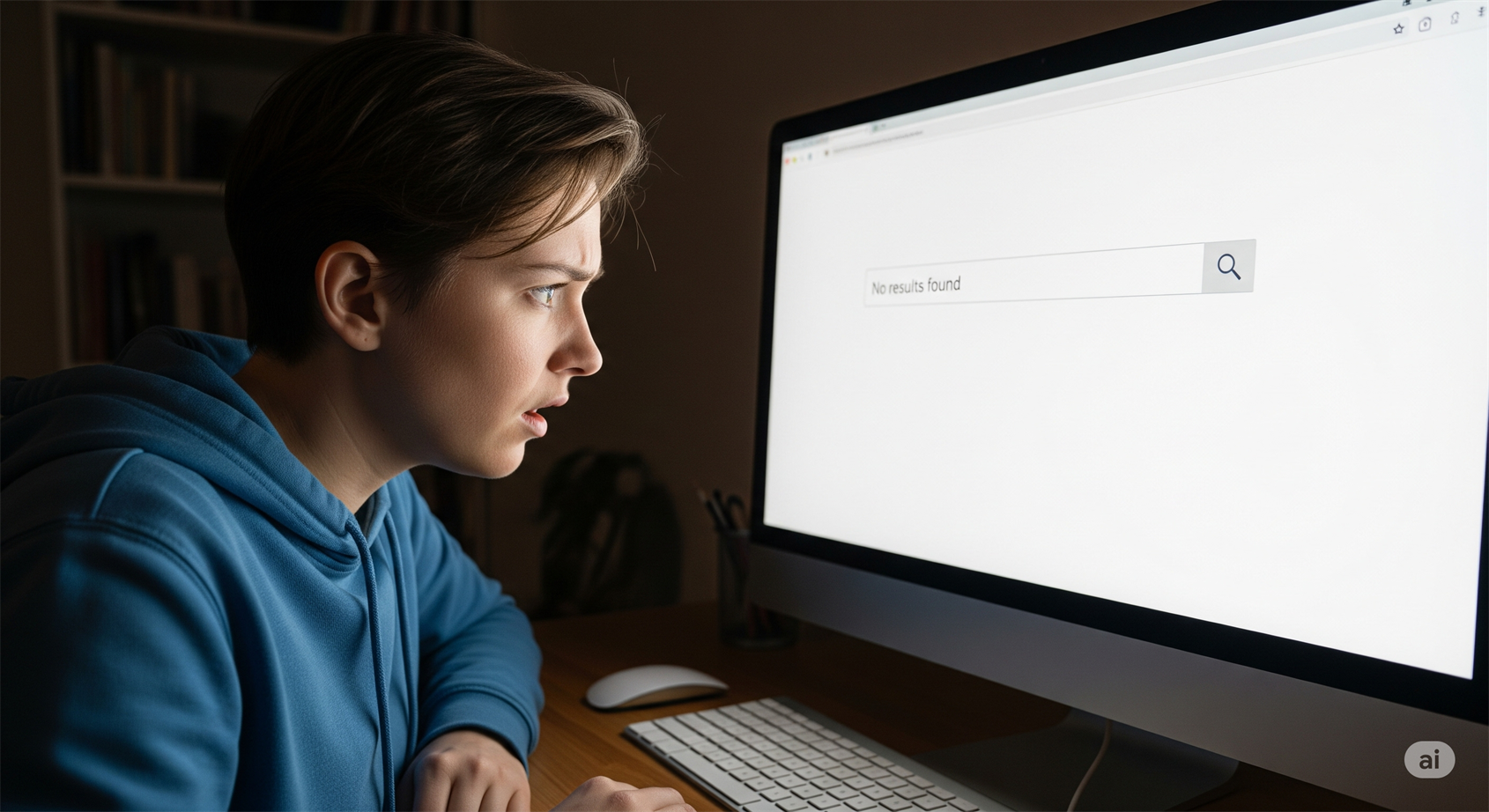 Una persona confundida mirando la pantalla de un ordenador que muestra resultados de búsqueda vacíos, simbolizando la invisibilidad online de una firma de abogados.